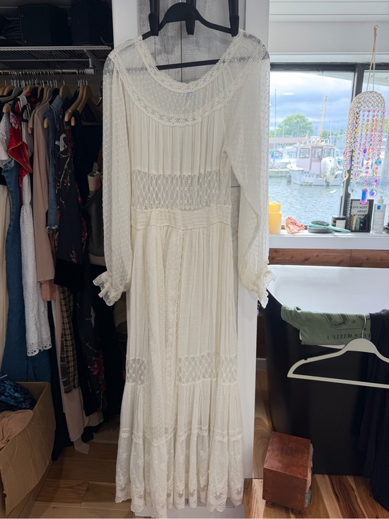 Free People Dresses & Skirts - Free People Ivory Bohemian Maxi Dress with Lace & Sheer Dot Sleeves